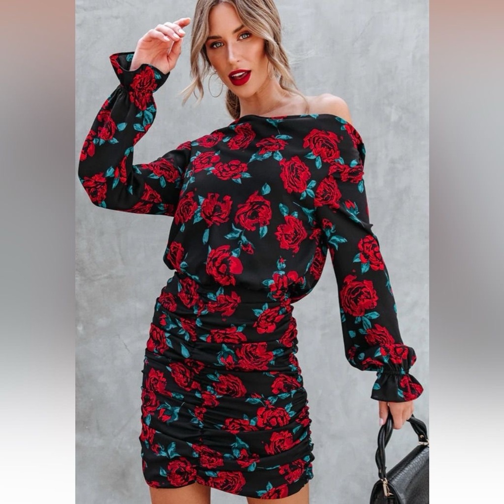 Barcelona Floral Ruched Cowl Neck Mini Dress